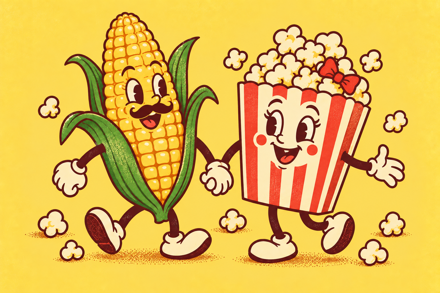 Pop as a smiling corn cob with a moustache, holding hands with Mom as a popcorn carton with a red bow